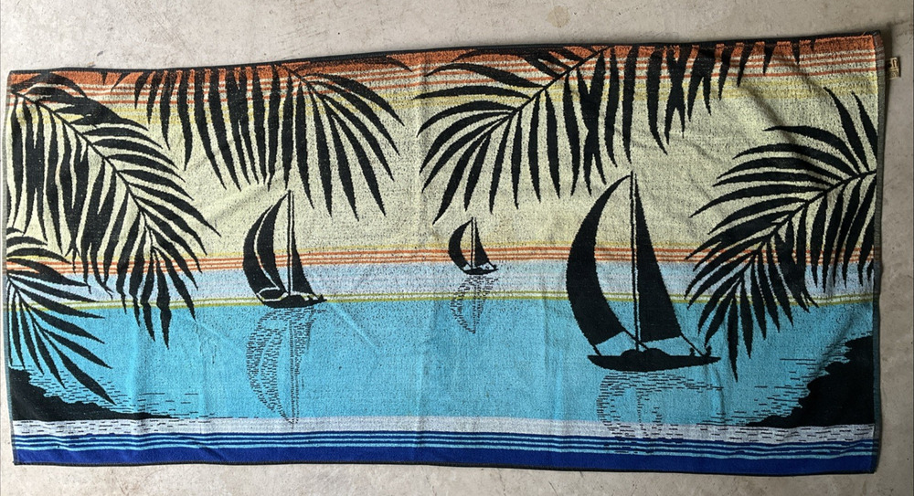 Vintage J Franco Reversible Beach Towel Sunset Sailboat Palm Trees Cotton 55x26
